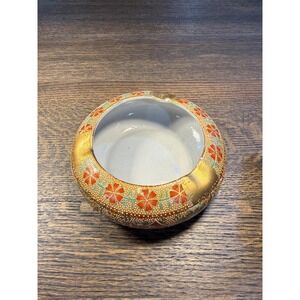 Vintage Hand-Painted Gold Floral Ceramic Ashtray | Mid Century Catchall